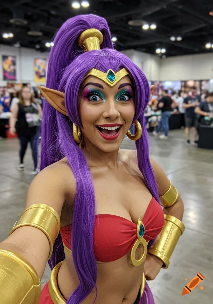 A woman cosplaying as Shantae with purple hair and gold accessories, smiling widely at a convention.