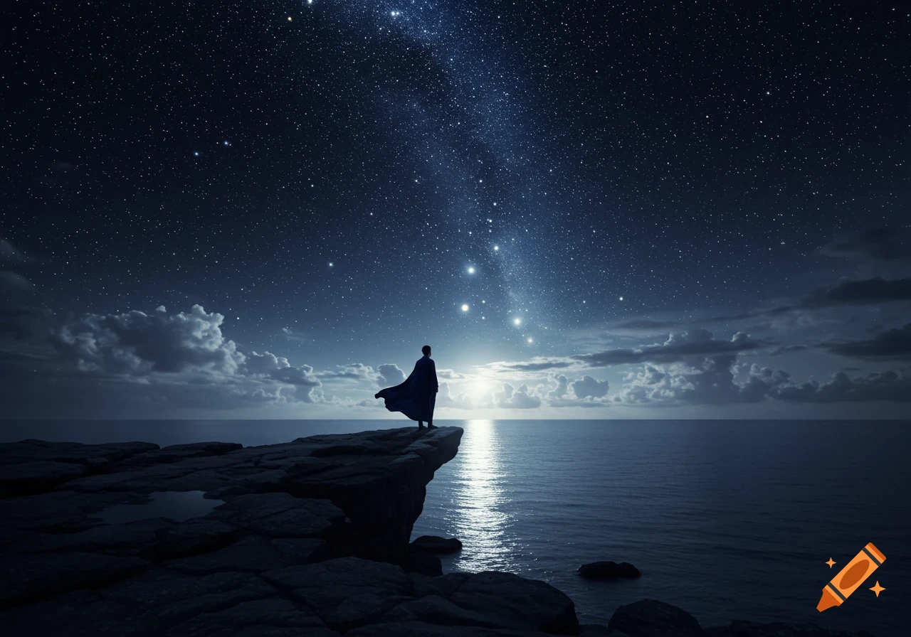 Silhouette of a robed figure on a cliff overlooking the ocean under a clear, starry night sky with a bright horizon.