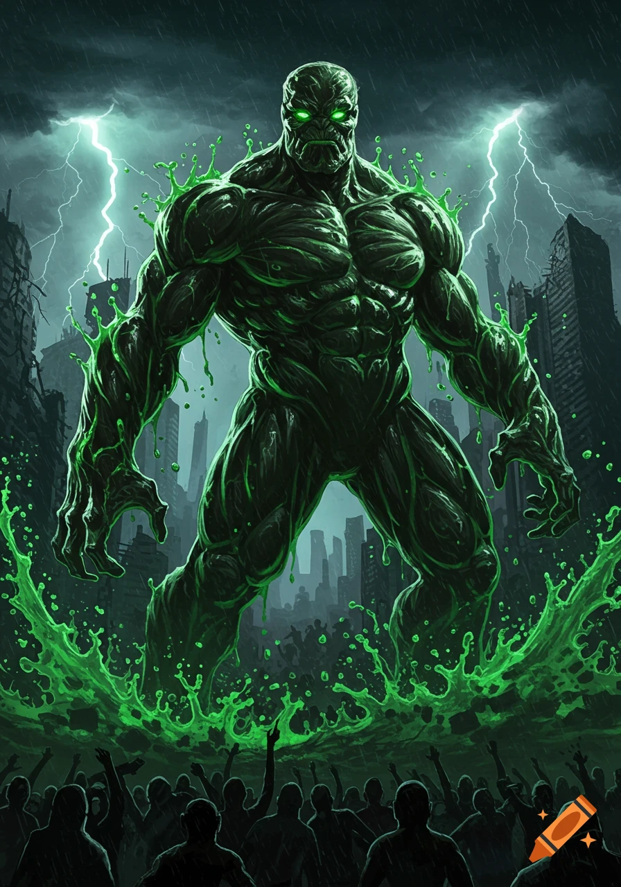 A massive, muscular green sludge monster with glowing eyes stands over a crowd in a ruined city under a stormy, lightning-filled sky, comic art style.