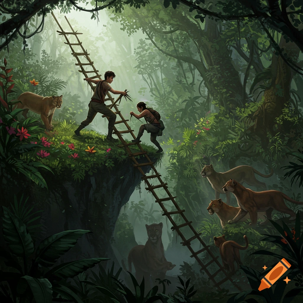 Two adventurers climb a rickety wooden ladder in a dense, misty jungle, escaping several pumas on the ground below. Illustrated.