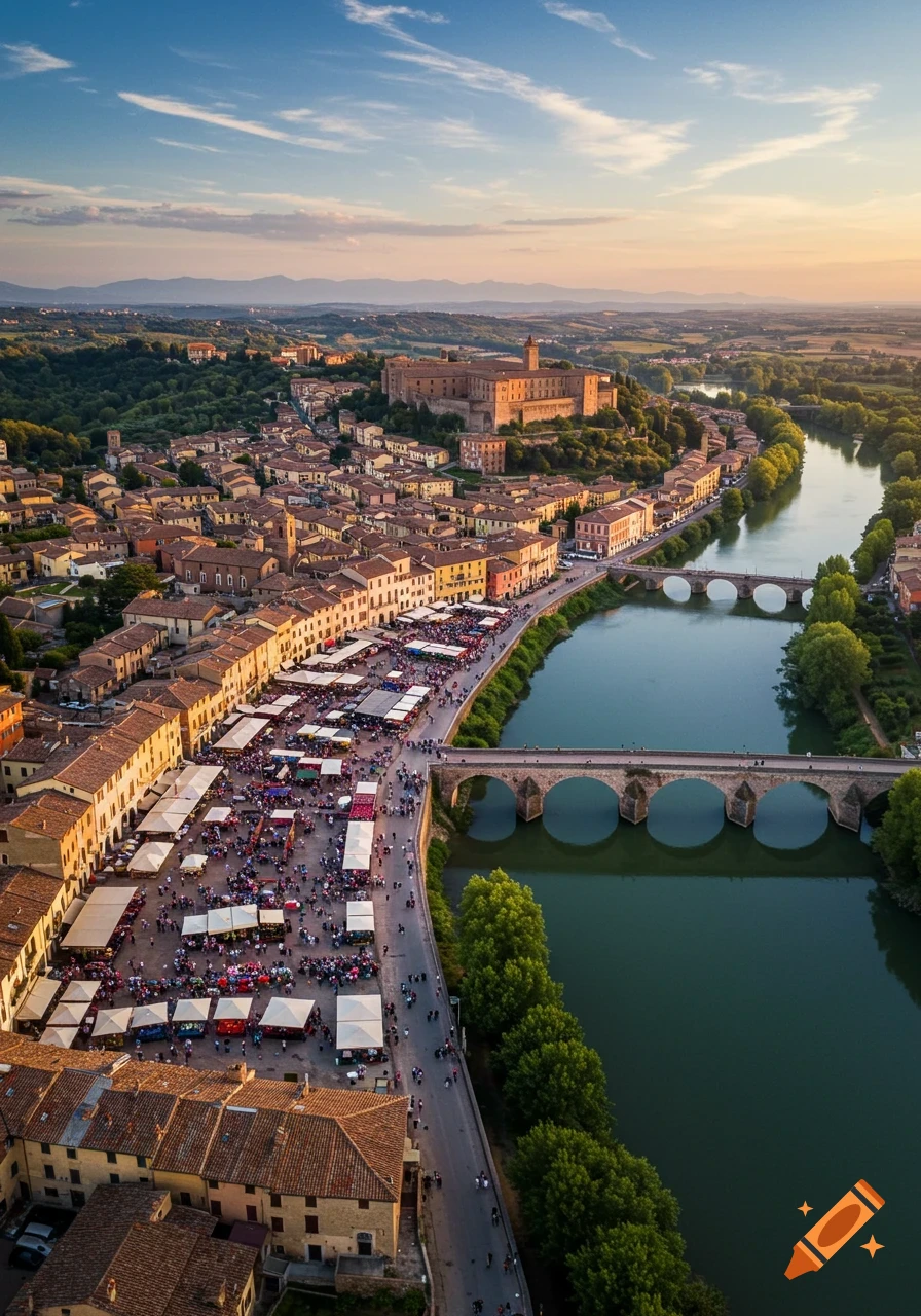 Aerial view of an Italian village with a bustling market square, a winding river, two bridges, and a distant castle under a bright sky.