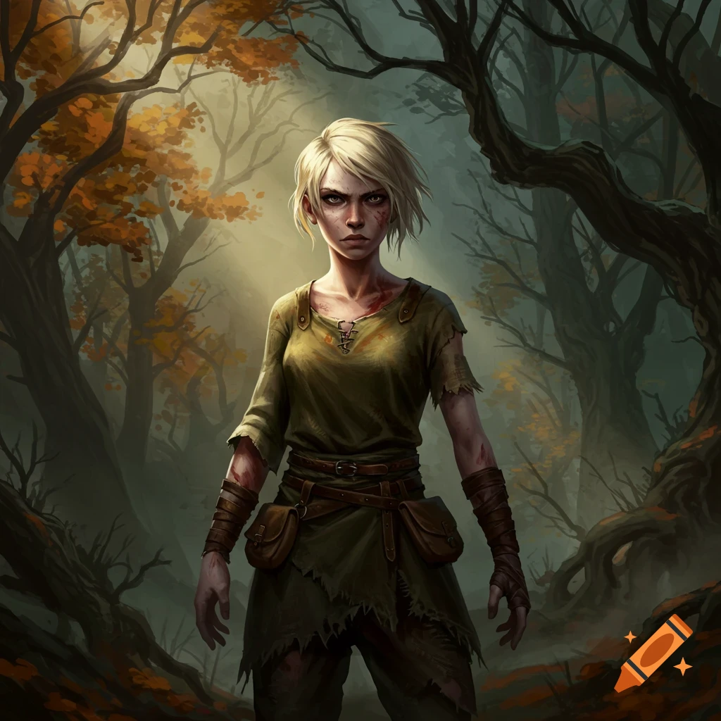 A gritty digital painting of a young blonde woman with an intense expression, standing in a dark, moody forest.