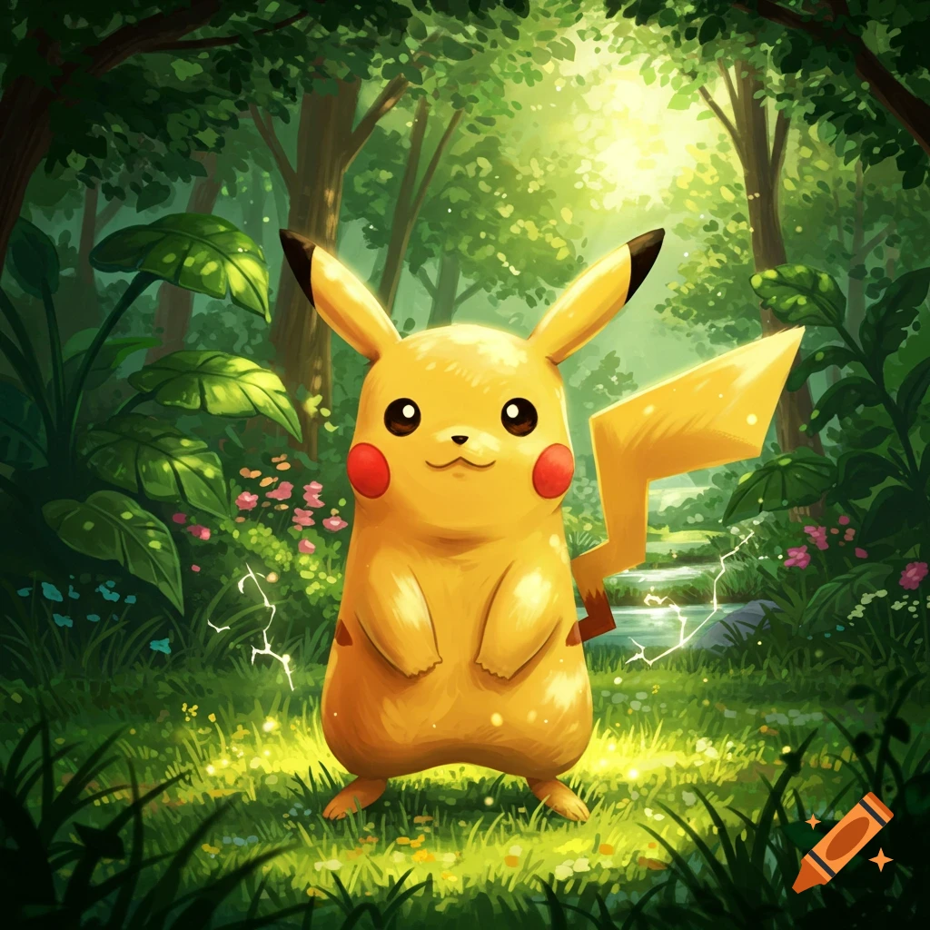 Pikachu standing in a bright, lush green forest with flowers and lightning effects, in a stylized art style.