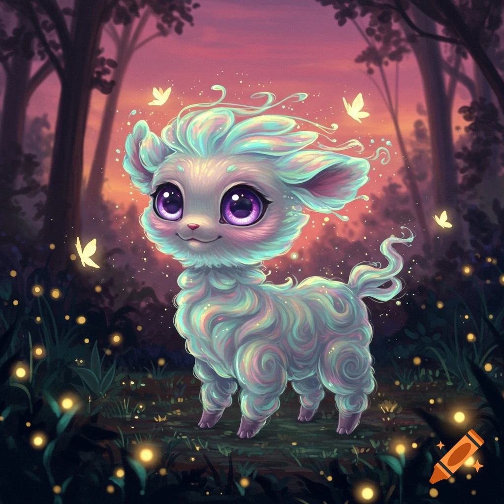 A cute magical creature with pastel swirling fur and large purple eyes stands in an enchanted forest at dusk with glowing lights.