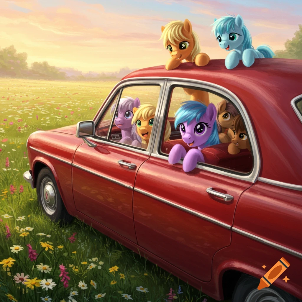 Colorful cartoon ponies riding in a red vintage car through a field of wildflowers at sunset.