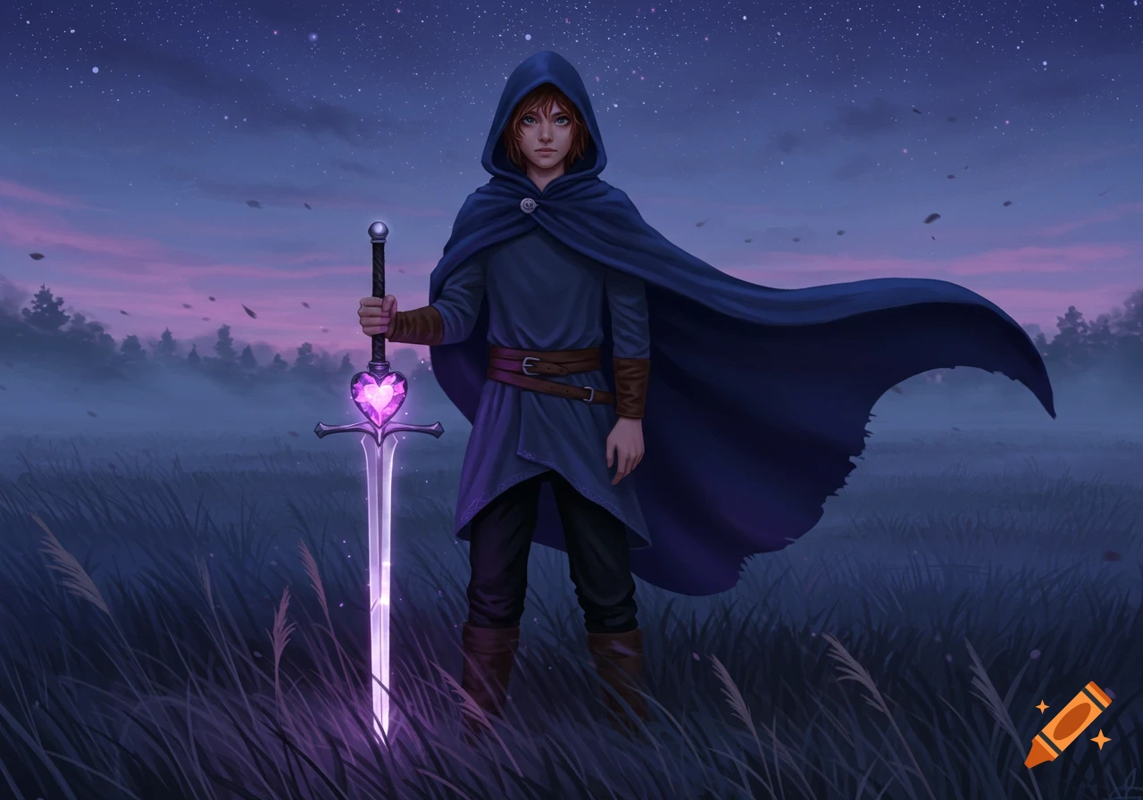 A hooded figure stands in a field holding a glowing sword with a purple heart gem under a starry twilight sky.