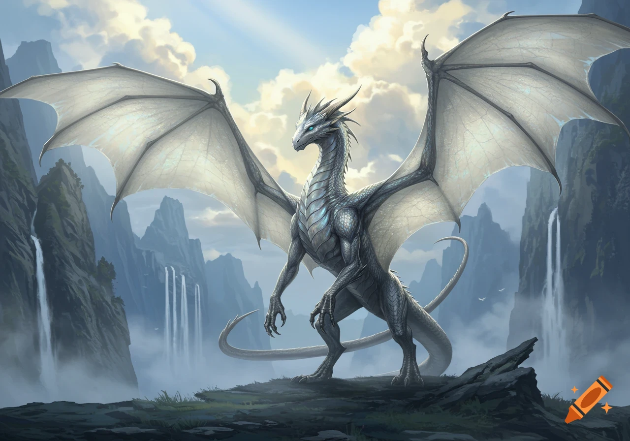 A majestic silver dragon with large white wings stands on a rocky outcrop in a misty mountain landscape with waterfalls under a cloudy sky.