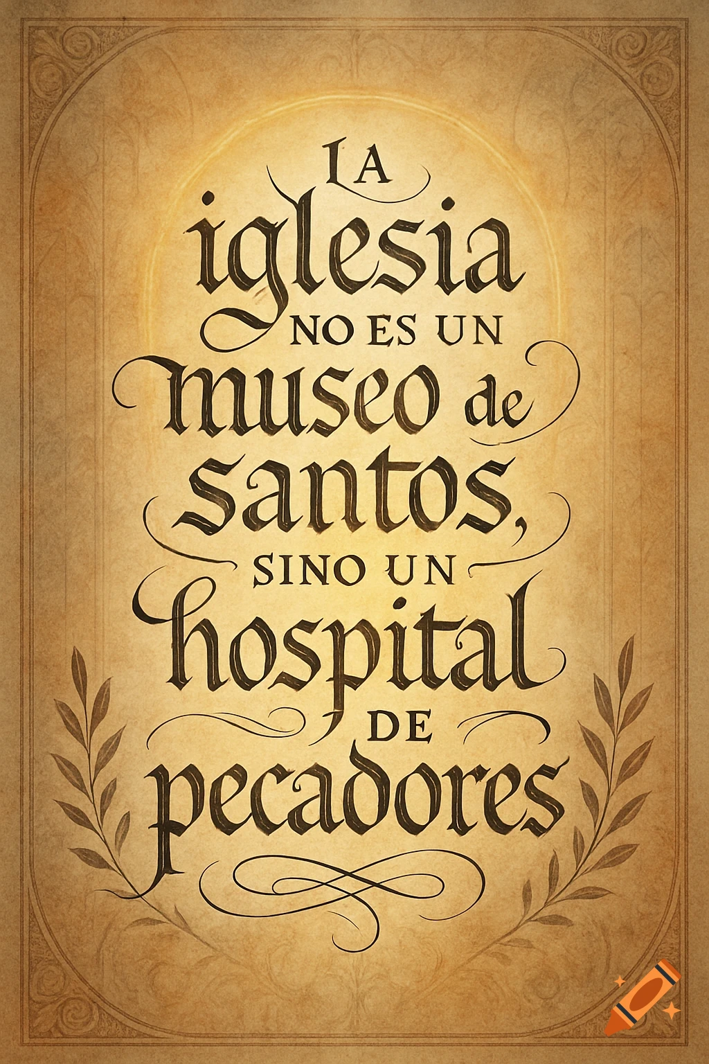 Calligraphic Spanish quote 'La iglesia no es un museo de santos, sino un hospital de pecadores' on an old parchment-style poster.