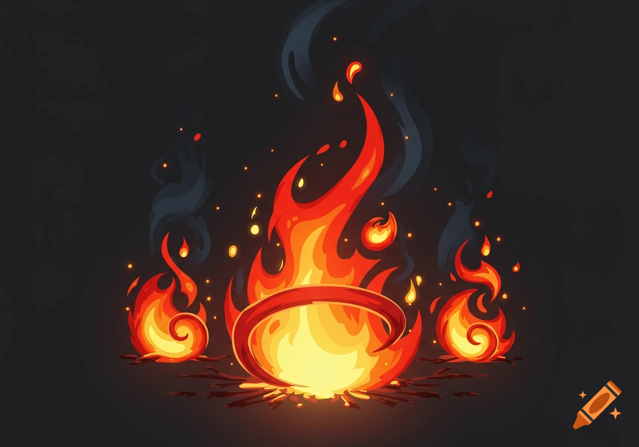 Stylized illustration of orange and red flames with smoke and embers on a dark background.