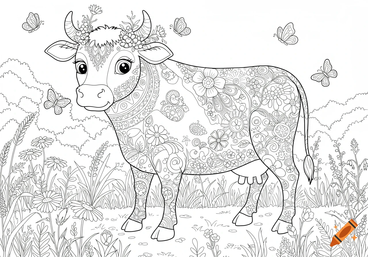 A black and white line drawing of a cheerful cow covered in intricate floral and mandala patterns, standing in a meadow with butterflies, designed as a coloring page.
