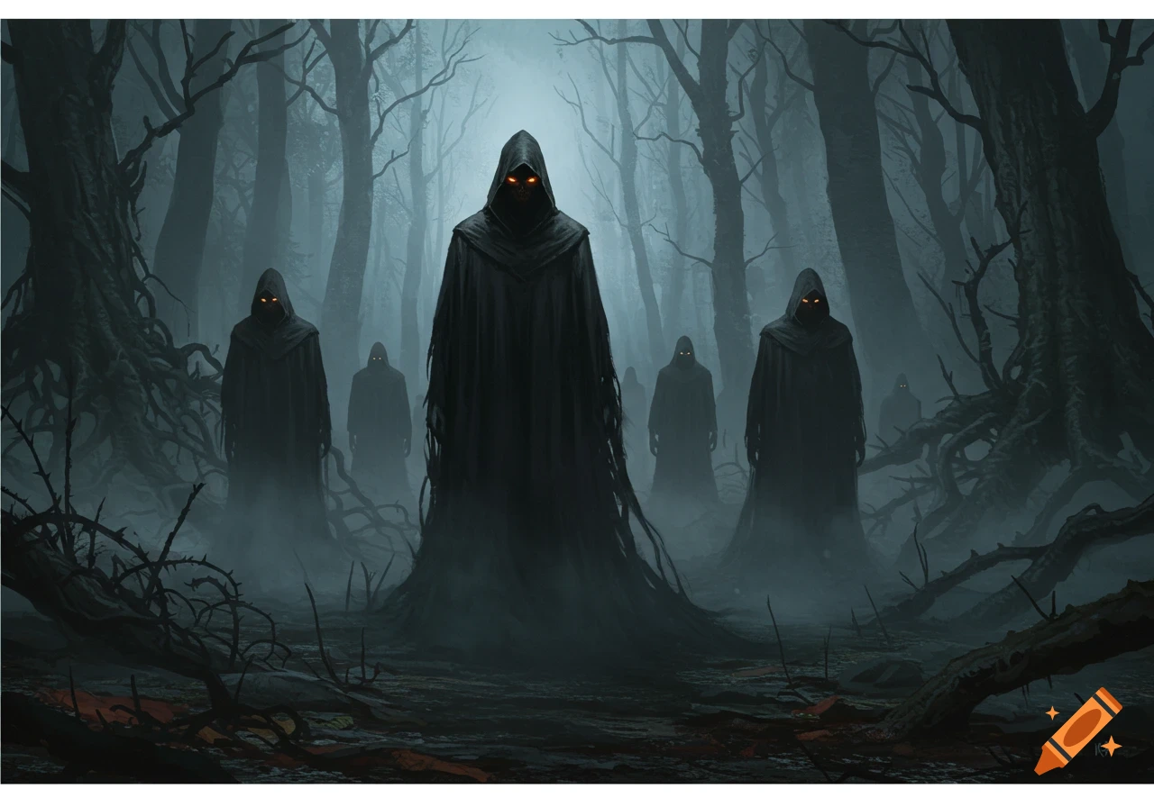Multiple hooded figures with glowing eyes stand in a dark, misty forest with gnarled trees, evoking a horror or fantasy scene.