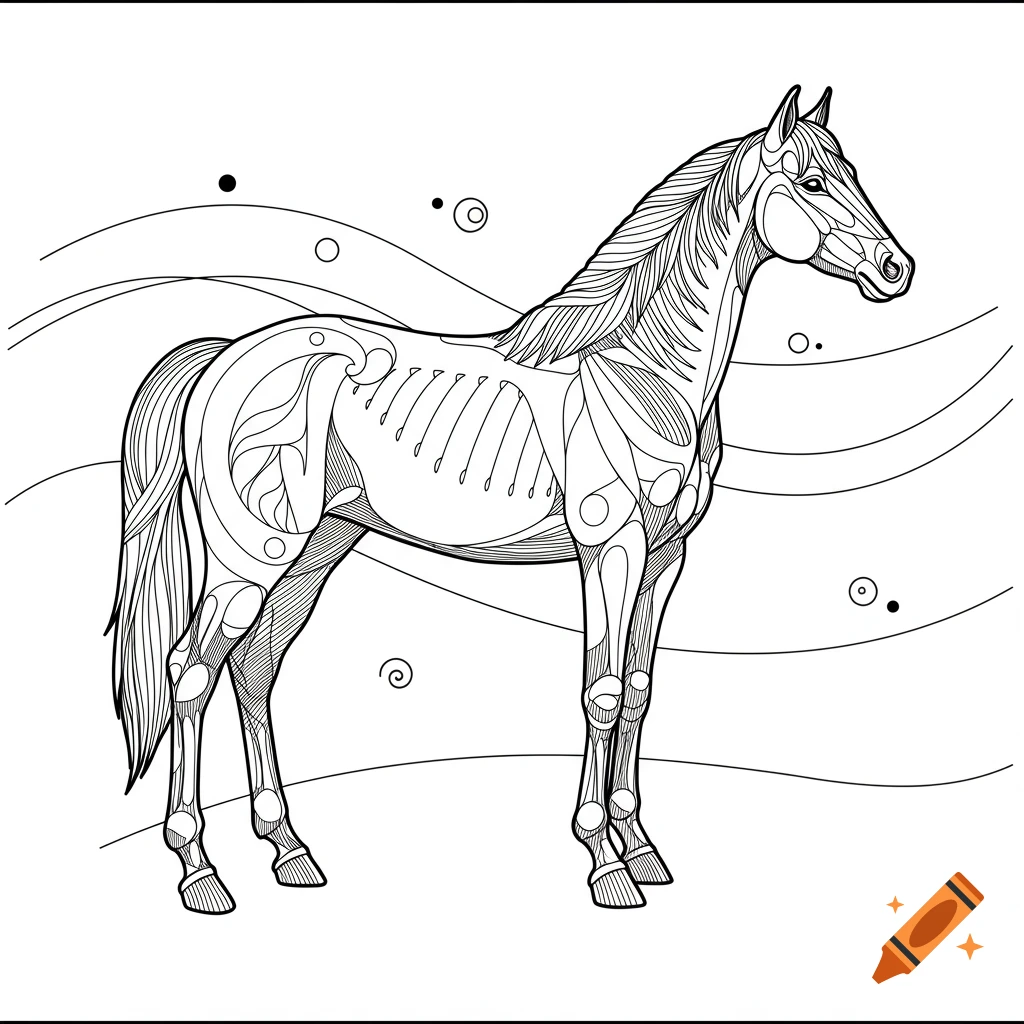 Black and white line drawing of a horse with a decorative, stylized anatomical skeletal design.