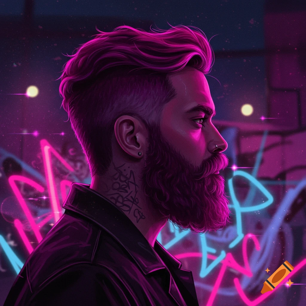 A man with vibrant purple hair and a beard, wearing a black jacket, illuminated by neon pink and blue lights in a cyberpunk style.