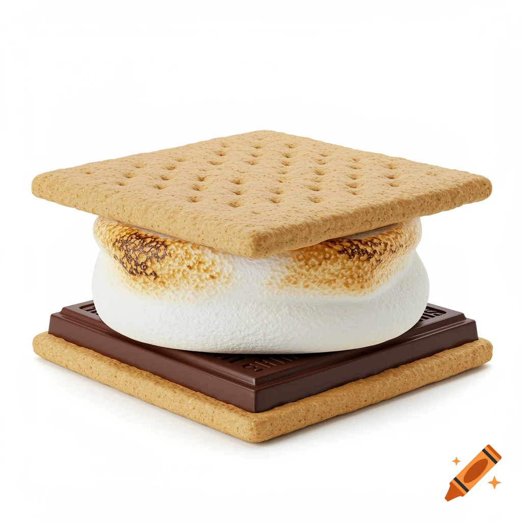 A delicious, photorealistic s'more with toasted marshmallow, chocolate, and graham crackers on a plain white background.