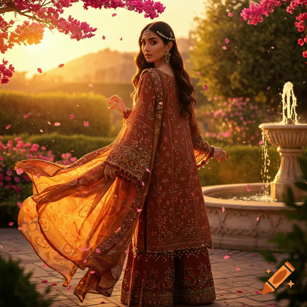 A woman in an embroidered traditional dress poses in a lush garden at sunset with falling pink petals and a fountain.