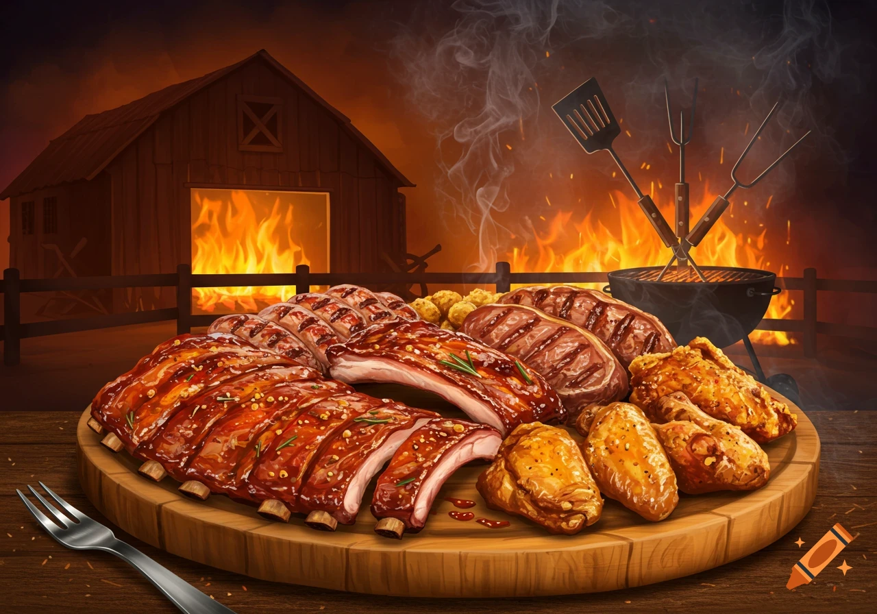 Platter of BBQ ribs, steaks, and chicken wings on a rustic table with a burning barn and grill in the background.