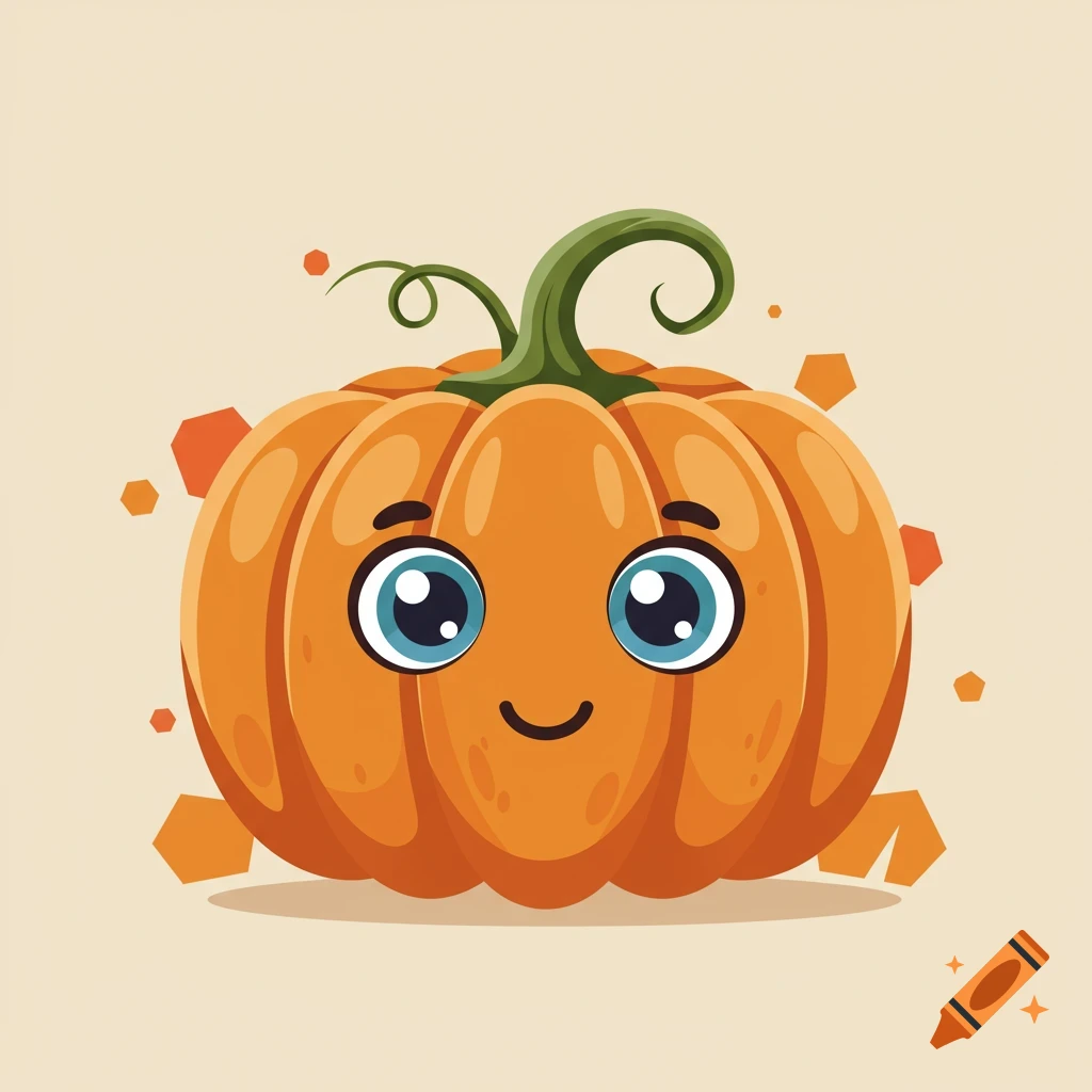 A cute, smiling orange pumpkin character with big blue eyes and a green stem on a light background.