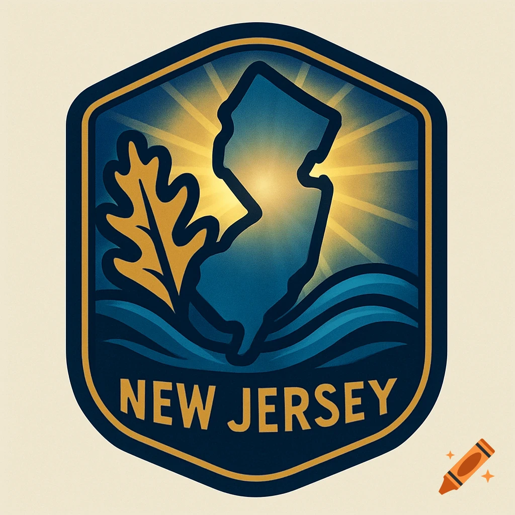 A patch-style logo for New Jersey, featuring the state's silhouette, an oak leaf, waves, and sun rays, with the text 'NEW JERSEY'.