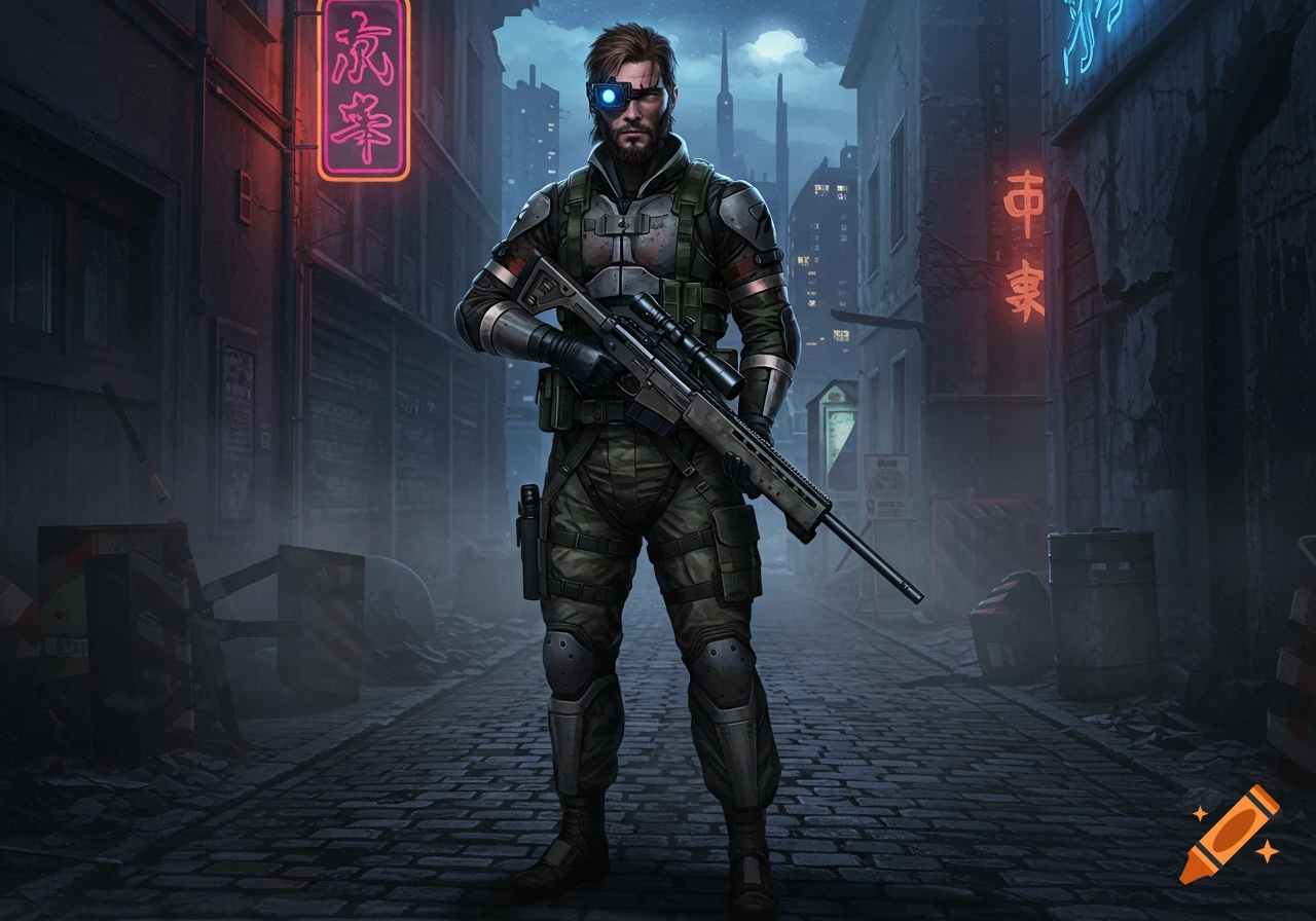 A bearded man in futuristic military gear with a bionic eye stands holding a sniper rifle in a dark, neon-lit alleyway.