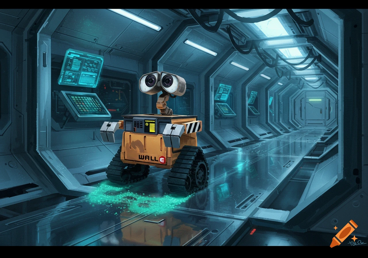 WALL-E stands in a futuristic spaceship corridor with blue light from screens. The small yellow robot looks forward in a detailed, animated style.