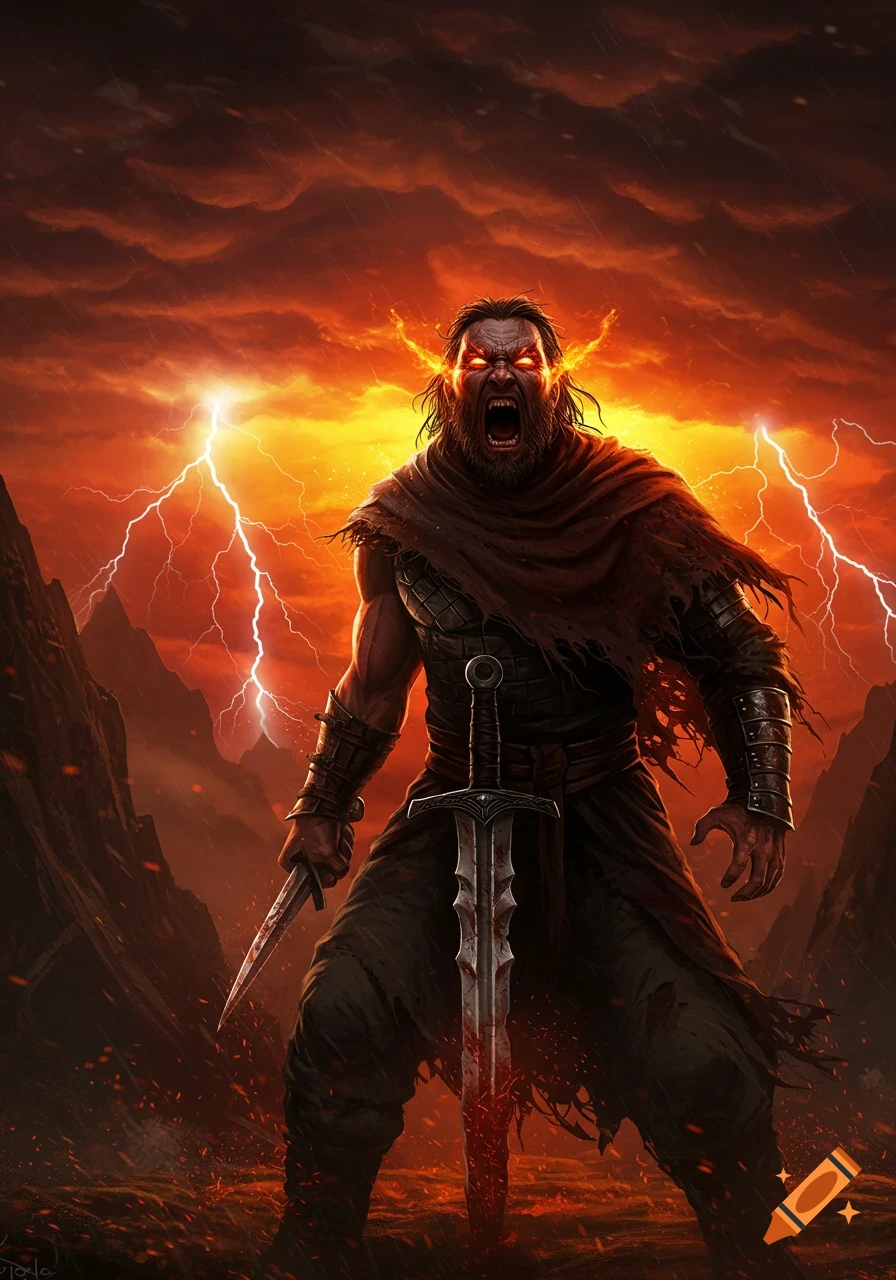 A raging warrior with glowing red eyes and fiery hair holds a bloody sword and dagger against a stormy, volcanic dark fantasy background.
