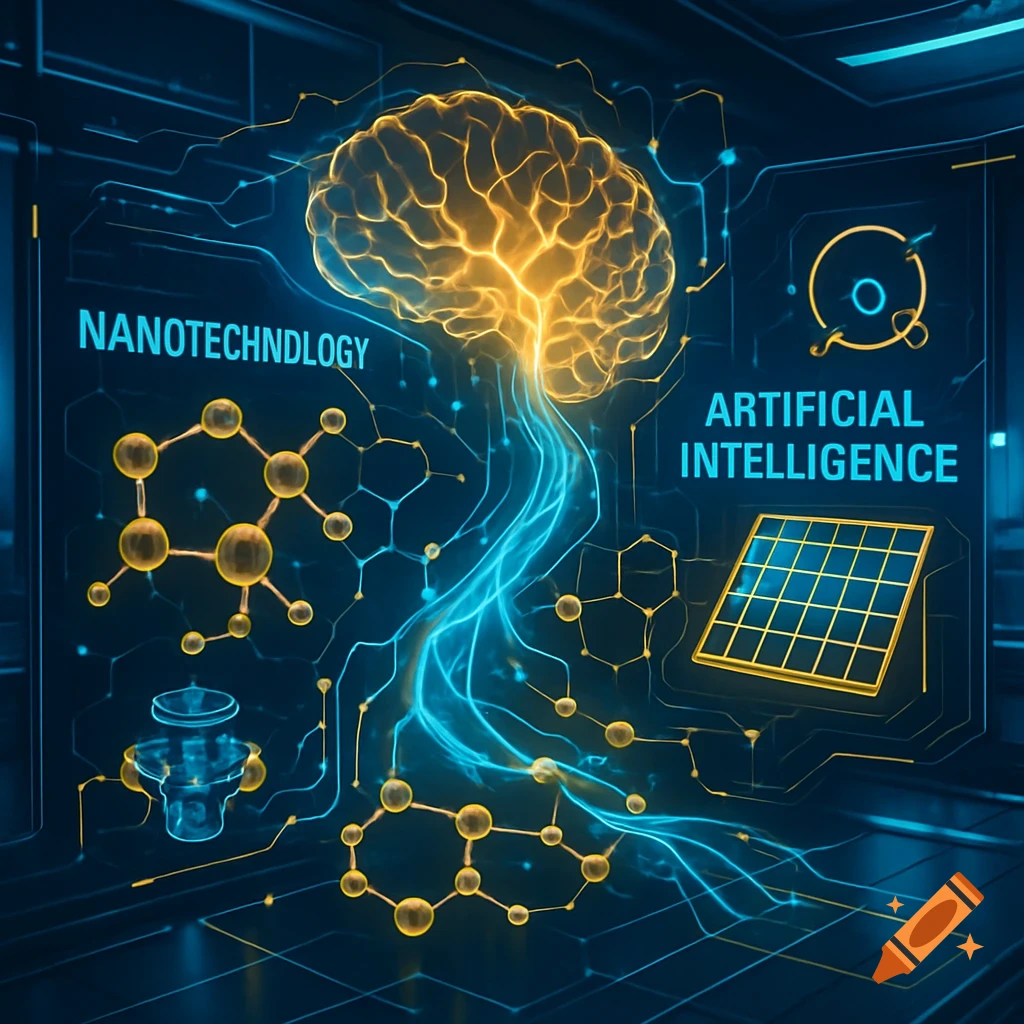 A futuristic abstract diagram illustrating artificial intelligence and nanotechnology with a glowing brain, circuits, molecules, and a solar cell in blue and gold.
