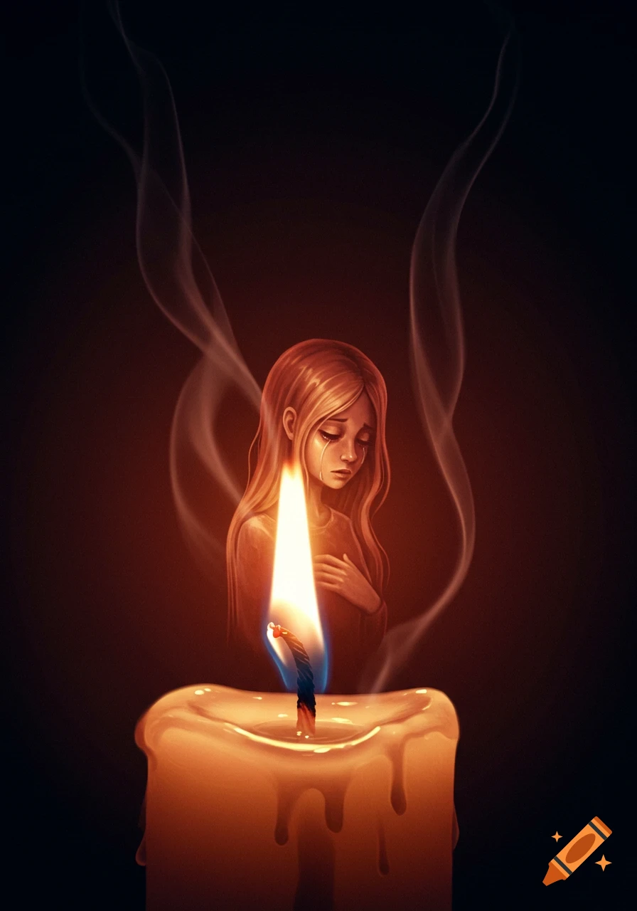 Stylized illustration of a crying girl's upper body within a bright candle flame, with smoke rising.