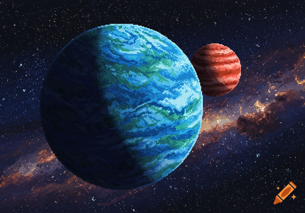 Pixel art of a large blue and green planet and a smaller red and orange striped planet in a starry cosmic background.