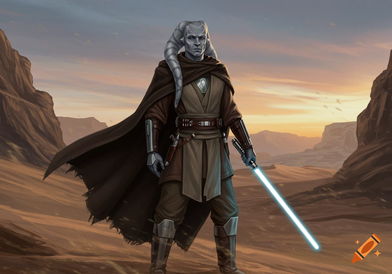 A male Twi'lek Grey Jedi stands in a windswept desert canyon at twilight, holding a blue lightsaber.