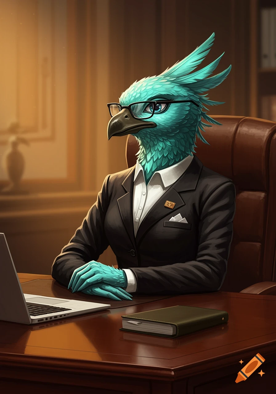 An anthropomorphic teal bird in a black suit jacket and glasses sits at a wooden desk with a laptop and book, looking forward.