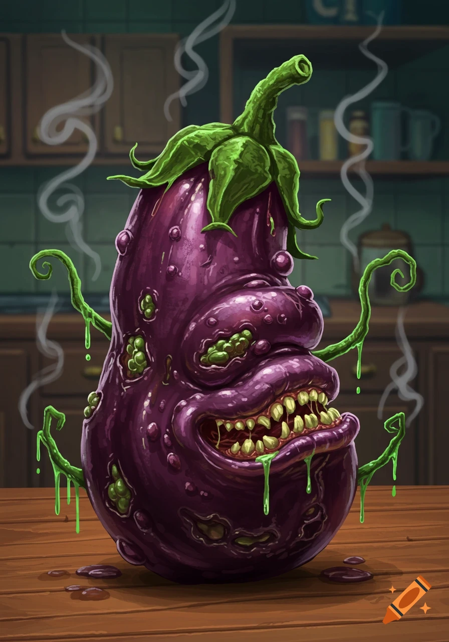 A grotesque cartoon eggplant with a monstrous face, sharp teeth, and green slime, sits on a wooden table in a kitchen.