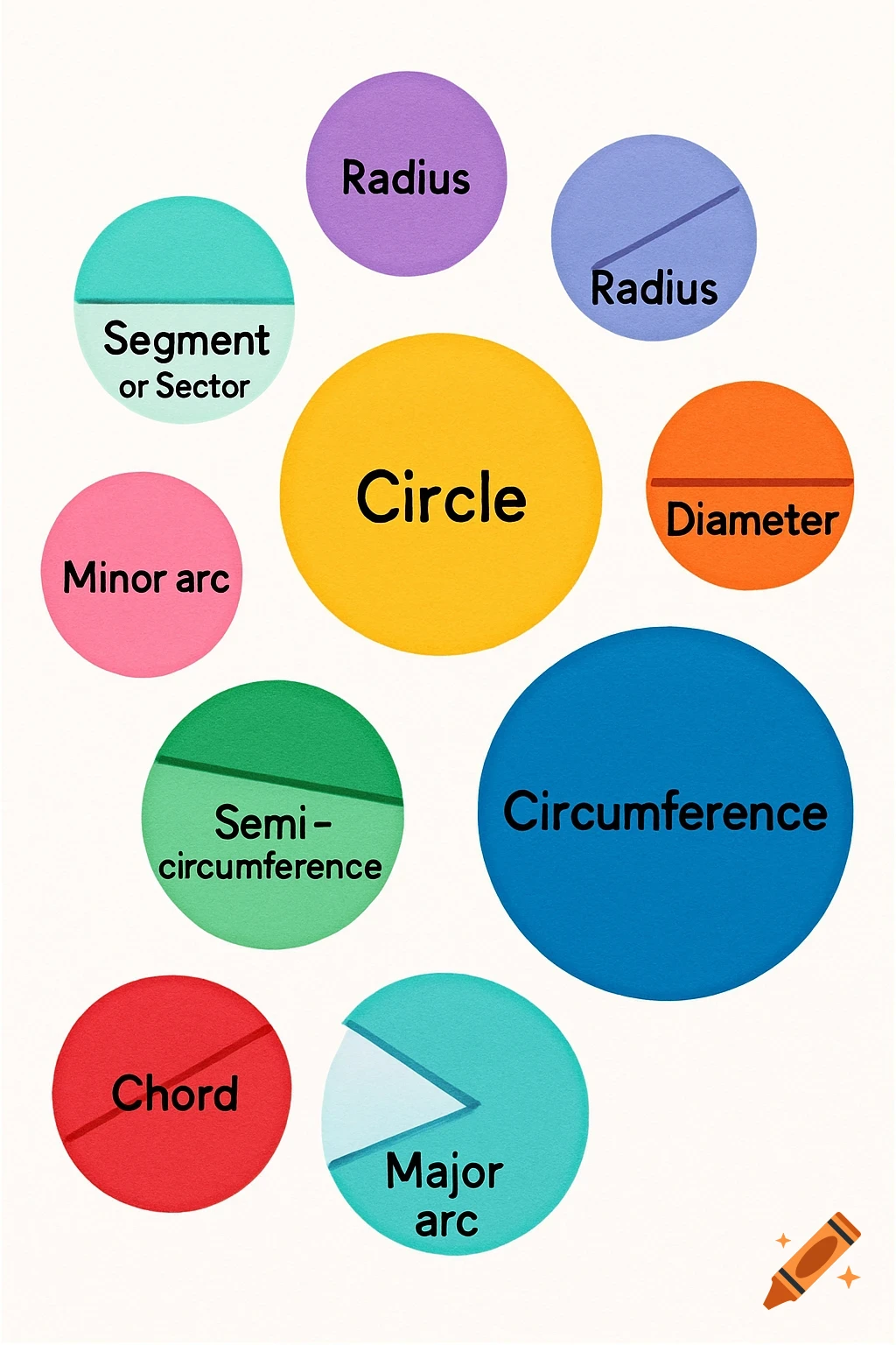 A colorful educational diagram illustrating parts of a circle, including radius, diameter, circumference, chord, and arcs.
