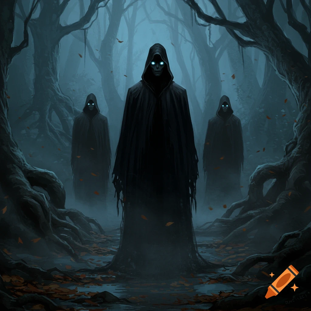 Three hooded figures with glowing blue eyes stand in a dark, misty forest with twisted trees and fallen leaves.