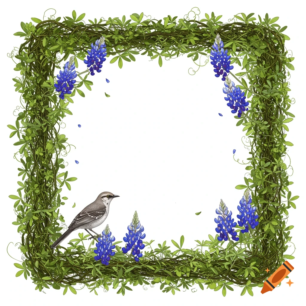 An illustrative square border of green vines with bluebonnet flowers and a mockingbird perched on the lower left.