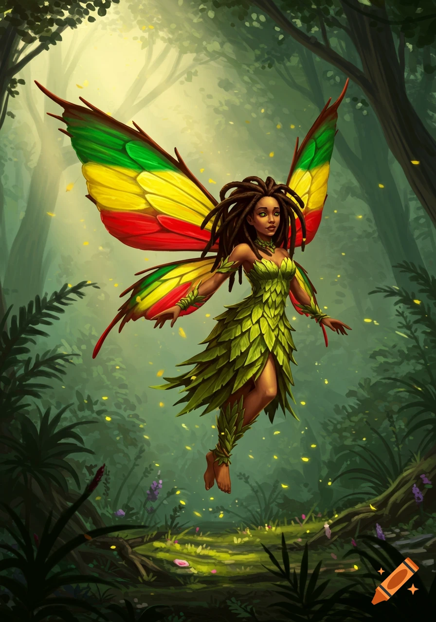 A fairy with dark dreadlocks and large red, yellow, and green wings floats in a mystical forest.