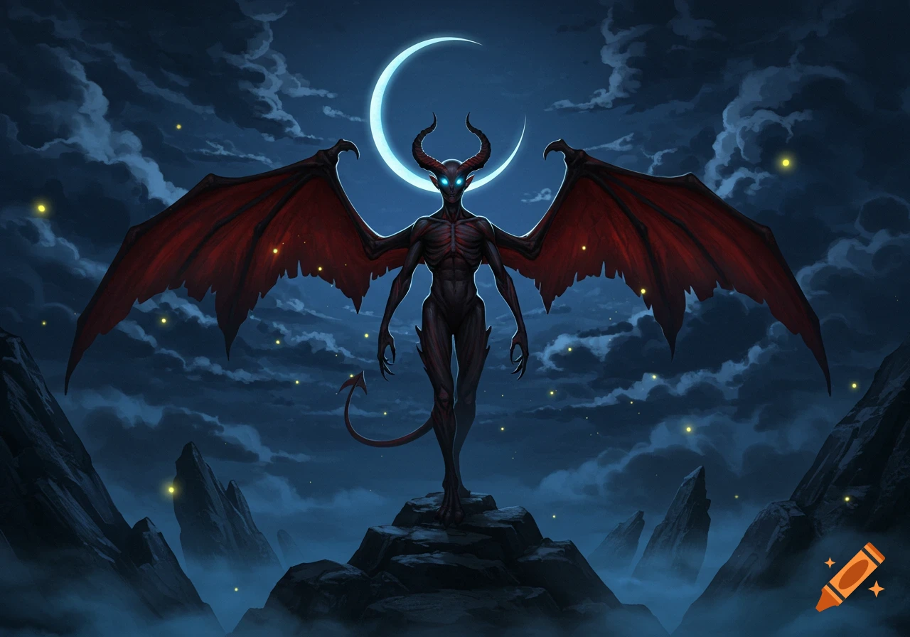 A skeletal demon with large red wings stands on a rocky peak under a crescent moon in a dark, misty night.