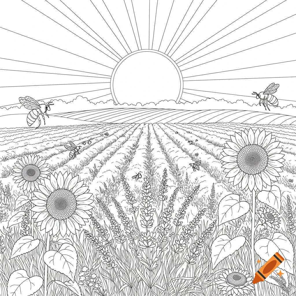 A black and white coloring page scene of a lavender field with sunflowers, bees flying, a rising sun, and grassy hills in the background.