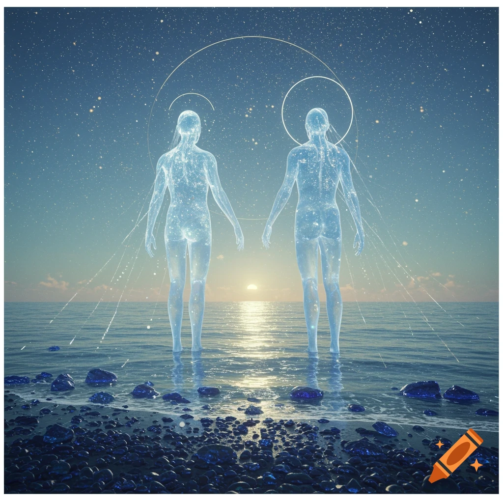 Two glowing, translucent figures stand in water under a starry sky with a setting sun on the horizon.
