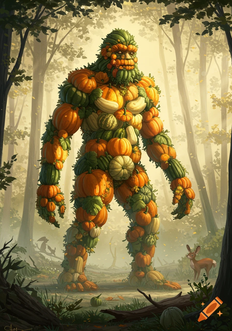 A large creature resembling Bigfoot, made entirely of pumpkins and green vines, stands in an autumnal forest with a small deer nearby.