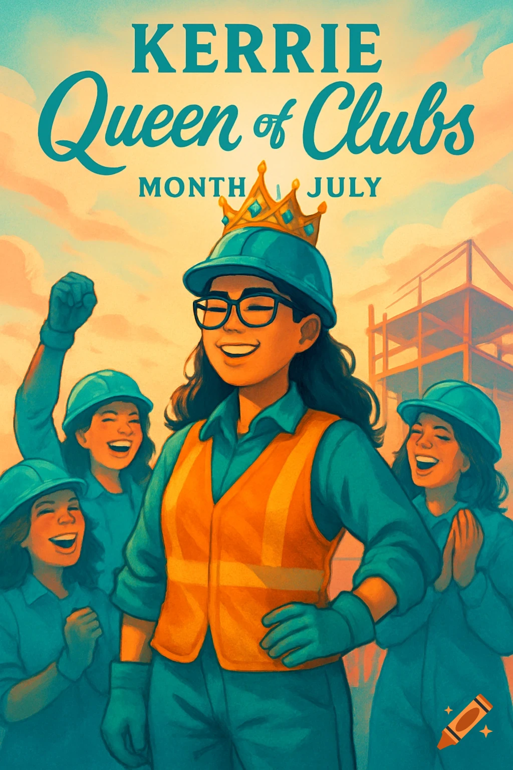 Illustration of a woman in a construction helmet and crown, smiling with three other women in construction gear. Text: 'KERRIE Queen of Clubs MONTH JULY'.