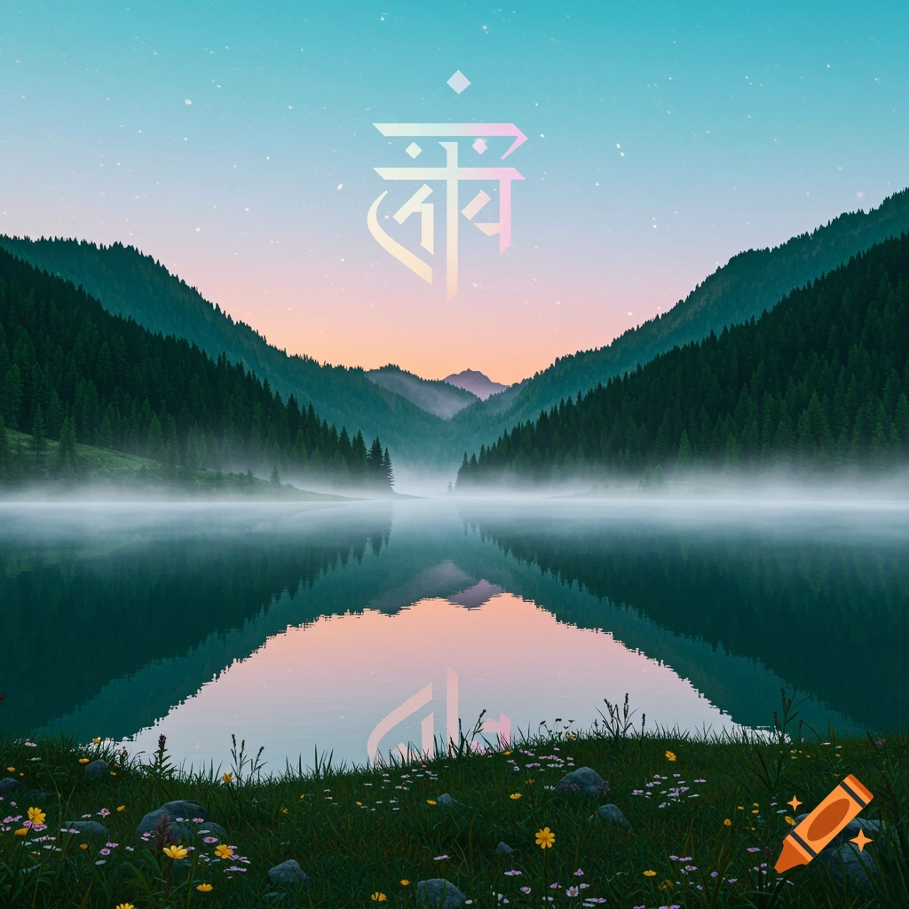A serene lake surrounded by forested mountains under a gradient twilight sky, with mist rising from the water and wildflowers in the foreground. A stylized, colorful symbol floats in the sky and reflects in the water.