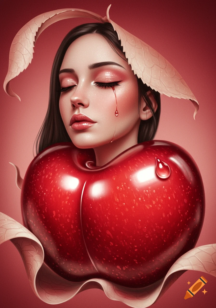 A stylized portrait of a woman with closed eyes, a red tear on her cheek, emerging from a large red cherry-like fruit with leaves.