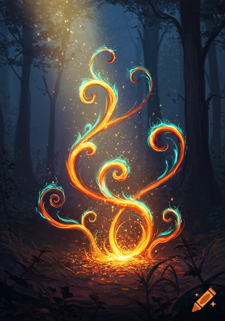 A magical glowing vine-like plant with orange and teal flames illuminates a dark forest, surrounded by sparkling particles.