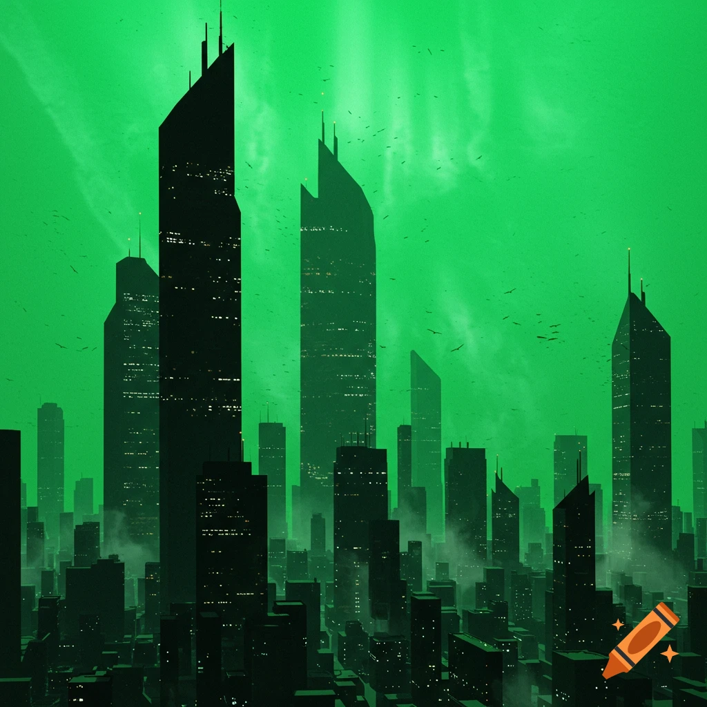 Dark, silhouetted skyscrapers rise against a vibrant green sky in a futuristic cityscape.