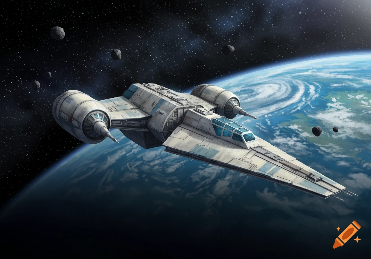 A detailed spaceship, inspired by Star Wars Corellian design, orbits a blue planet with white clouds and several asteroids.