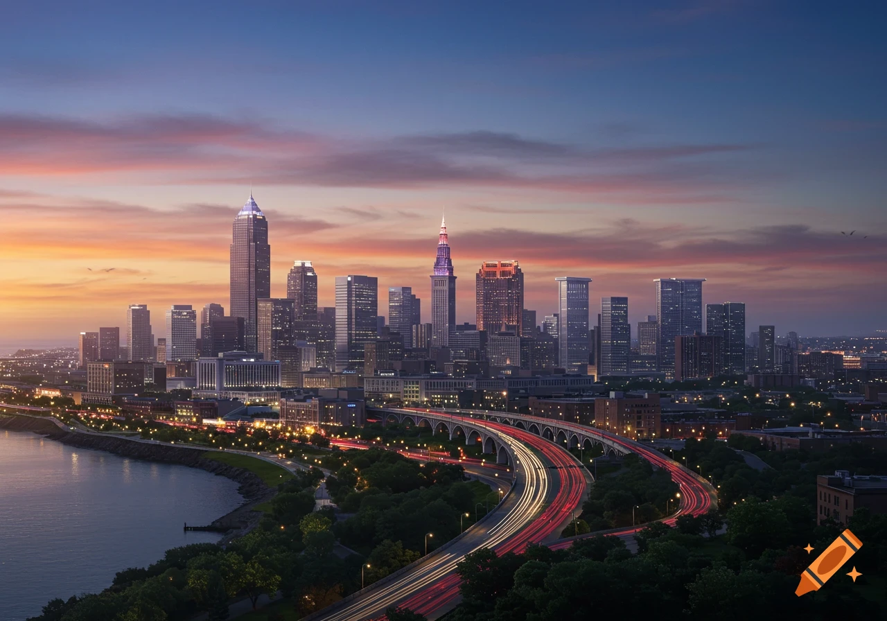 Photorealistic cityscape at dusk with vibrant sky, illuminated skyscrapers, a river, and light trails on a curving highway.