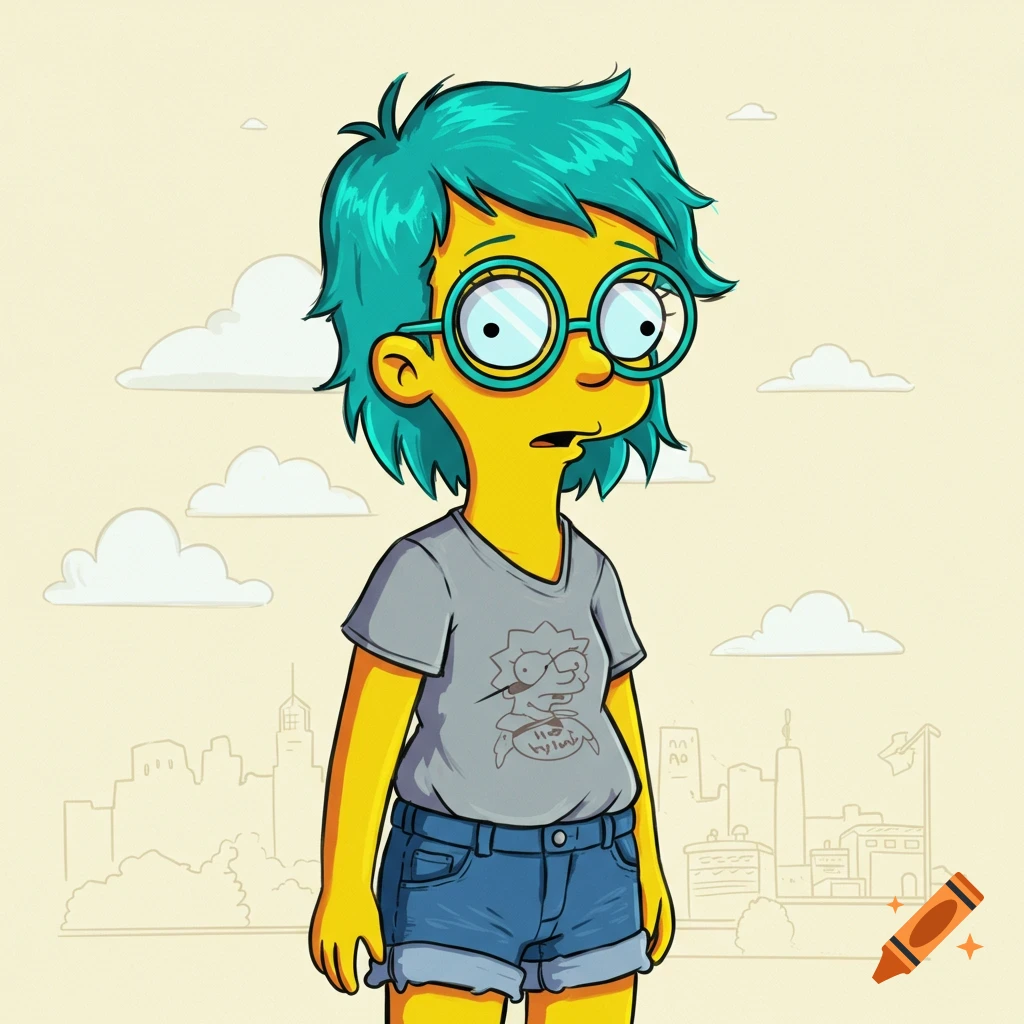 A Simpsons style character with teal spiky hair and round glasses, wearing a gray t-shirt and denim shorts, standing against a city skyline.