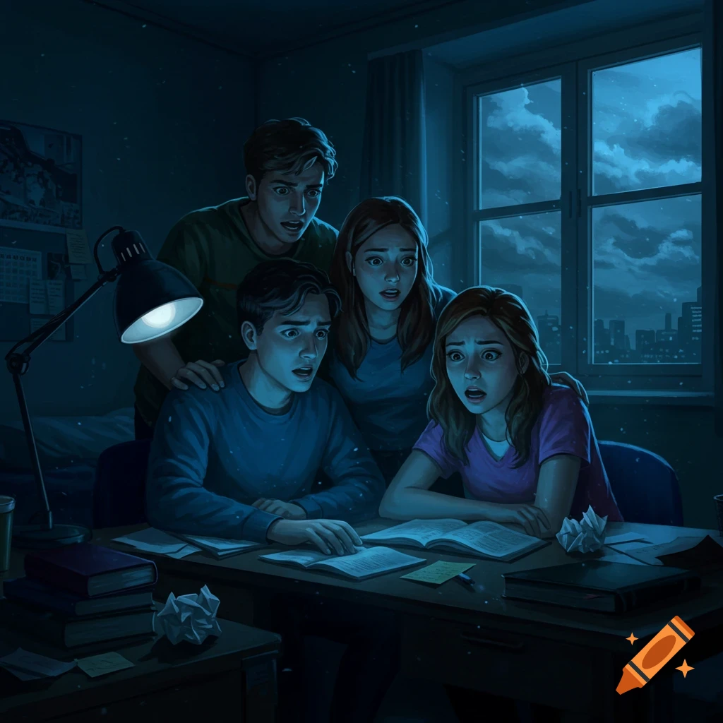 Four college students look in horror at a screen on a desk in a dark room at night, illustrated.