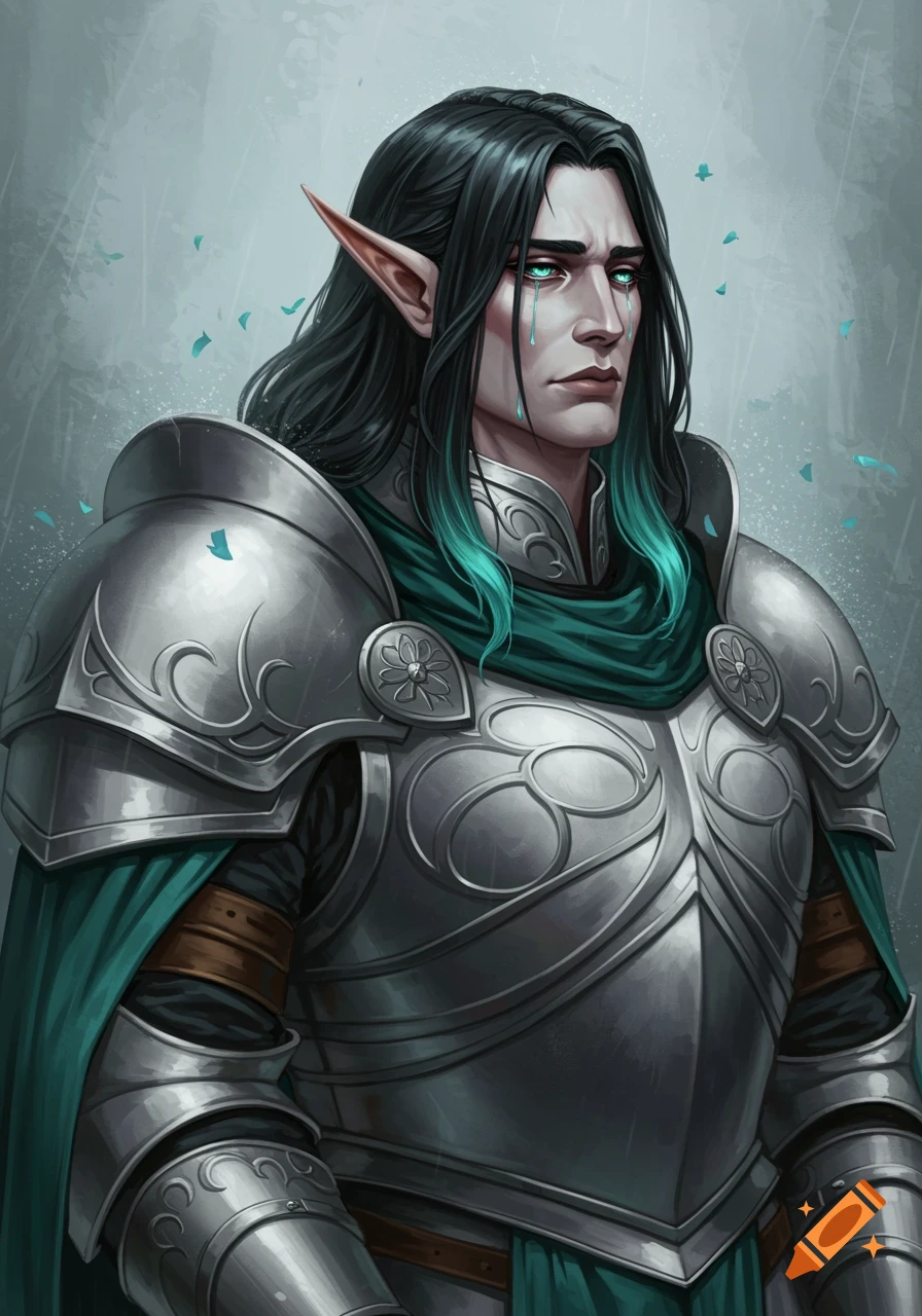 A melancholy elf paladin with black and teal hair, teal eyes shedding tears, in ornate silver armor, against a misty background.