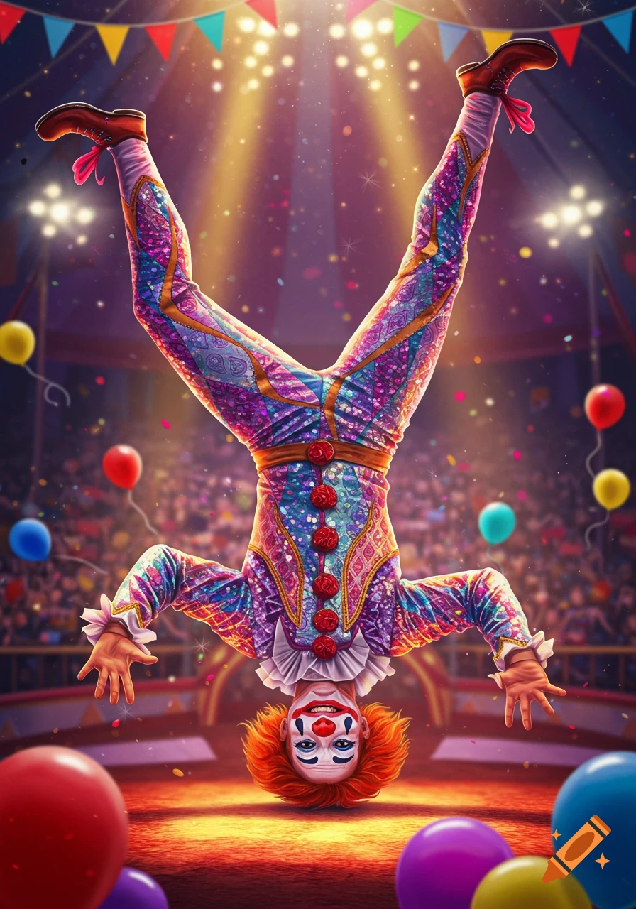 A colorful circus clown in a sequined costume stands on his head in a brightly lit circus tent, with balloons and audience blurred in the background.